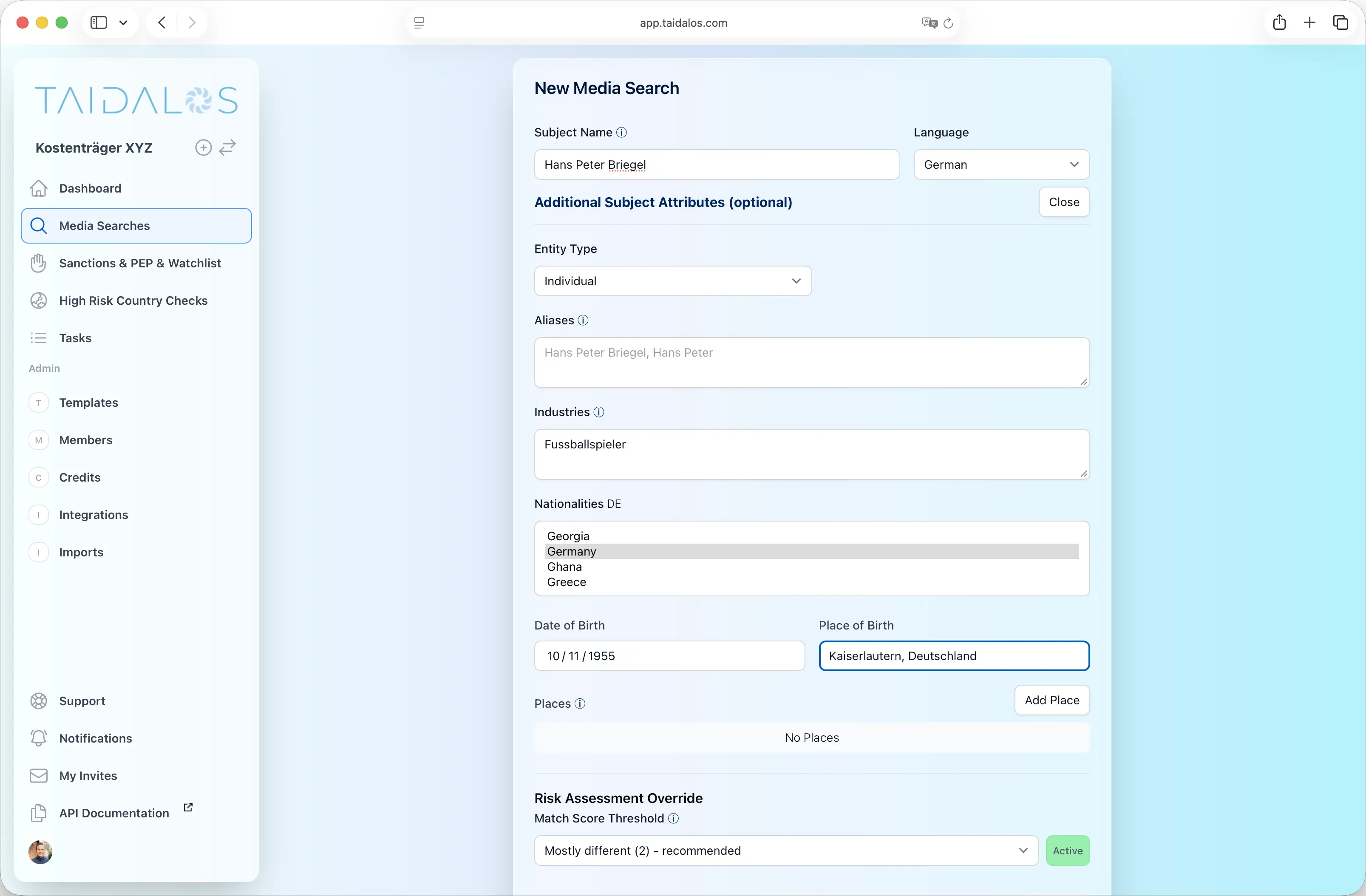 Screenshot of additional search criteria